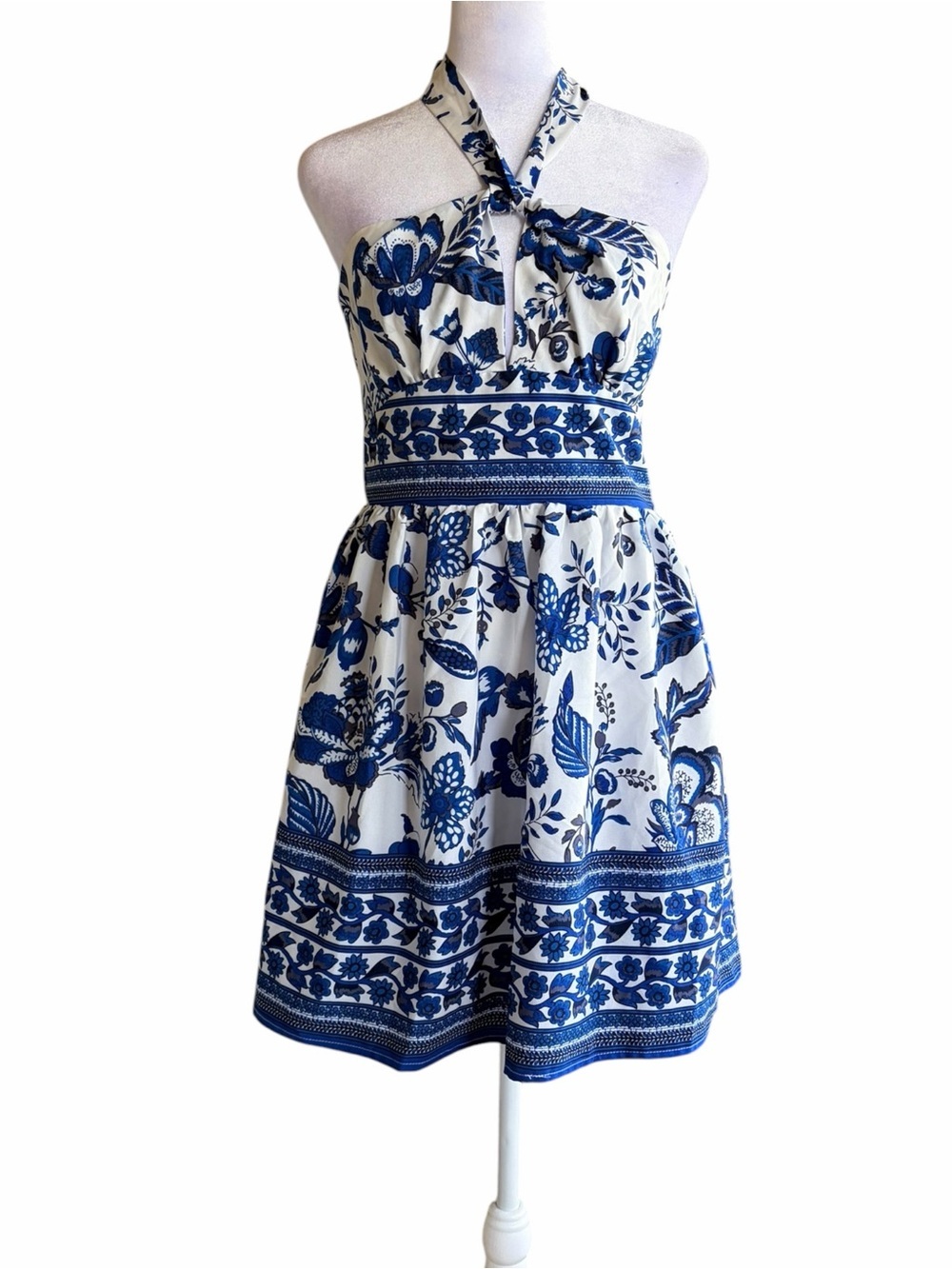 Source Unknown White Halter Mini Dress with Blue Floral Print